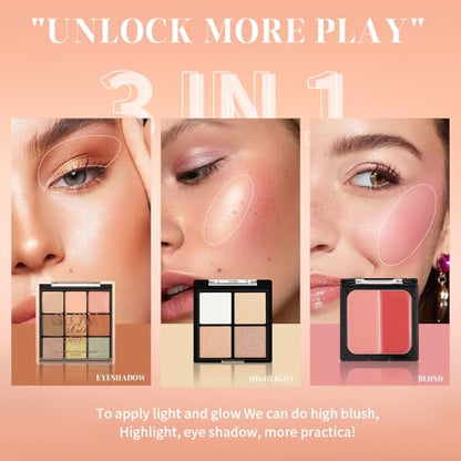 All-in-One Makeup Palette – 9 Color Matte & Pearlescent Eyeshadow, 4 Color Shimmer Highlighter, 2 Color Buildable Blush – Long Lasting, Blendable Face & Eye Makeup Kit (02#, 1 Count (Pack of 1)) - color: K02