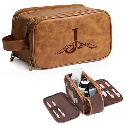 Janhavi Personalized Toiletry Bag for Men, Gifts for Boyfriend, Toiletry Bag For Shower Caddy,Personalized Initials & Mountain, Mens Toiletry Travel Bag, Travel Essentials for Men (Brown J) - color: Brown, style: J
