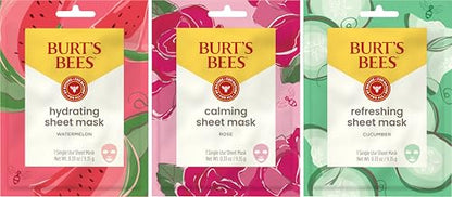 Burt's Bees Mothers Day Gifts, Face Mask Bundle Set, Hydrating Watermelon, Calming Rose, & Refreshing Cucumber, Face Sheet Masks for Single Use Skin Care, 99% Natural Origin, 3 Count, 0.33oz Each - size: 3 Count