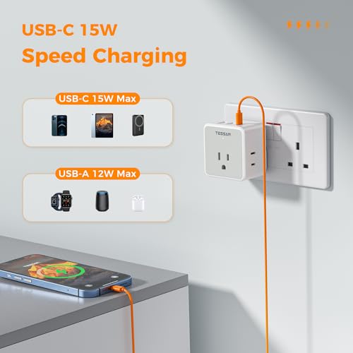 TESSAN All European UK Travel Plug Adapter Kit, 6-in-1 International Power Adapter with 3 USB (1 USB C) and 3 AC Outlets, Supports Type C, G, E/F, I, A, B for US to Europe UK Italy Australia Japan