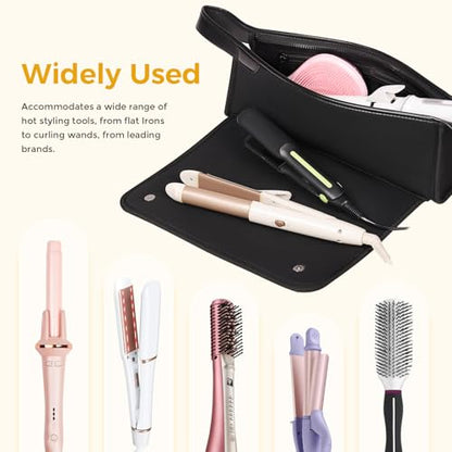 JKAOO Hair Tools Travel Bag and Heat Resistant Mat, 2 in 1 Portable Organizer Hair Travel Case for Curling Iron, Hair Straightener, Flat Irons, PU Hangable Handle, Neoprene (Elegant Black) - color: Elegant Black
