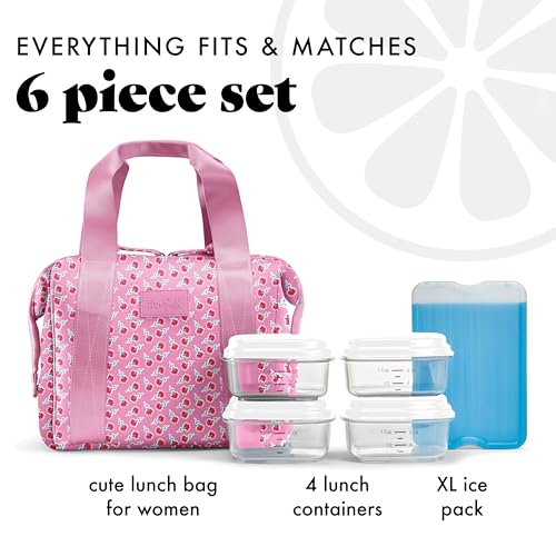 Fit & Fresh Remi Lunch Bag for Women Work – Neoprene Lunch Tote with Containers & Ice Pack, Reusable Meal Prep Lunch Box, Large Capacity, Machine Washable, Sweet Pink Block - color: Sweet Pink Block