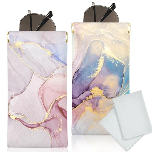 Glasses Case Soft, Eyeglass Cases for Women Portable Squeeze Top PU Leather 2 Pack Glasses Pouch with Cleaning Cloth - color: 2pcs Pink Blue Marble+blue Purple Marble
