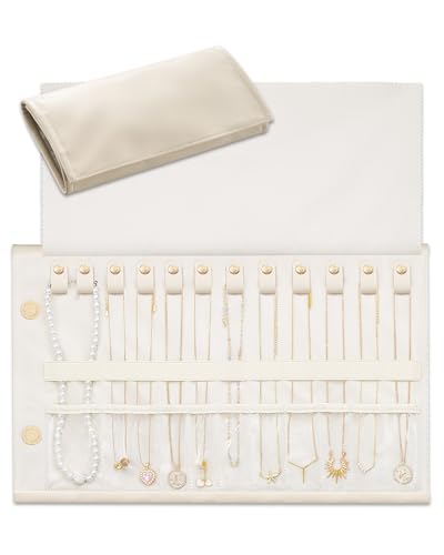 Lolalet Travel Necklace Organizer, Tangle-Free Necklace Case for Travel, Foldable Roll Up Jewelry Storage Bag for Necklaces Chains Bracelets, Beige, 12 Slots Holder - color: Beige, size: Medium, 12 Slots