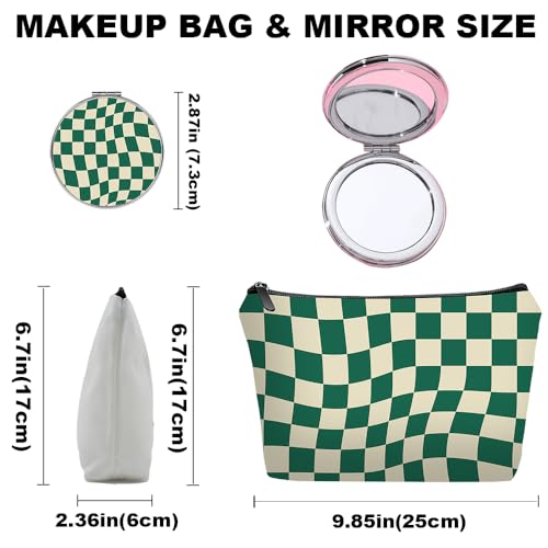 Green Checkered Gifts for Women – Unique Green Plaid Travel Makeup Bag Set with Mirror, Cosmetic Pouch Set for Checkered Lovers & Mom - color: Checkered Green-2S