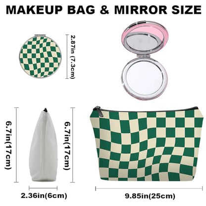 Green Checkered Gifts for Women – Unique Green Plaid Travel Makeup Bag Set with Mirror, Cosmetic Pouch Set for Checkered Lovers & Mom - color: Checkered Green-2S