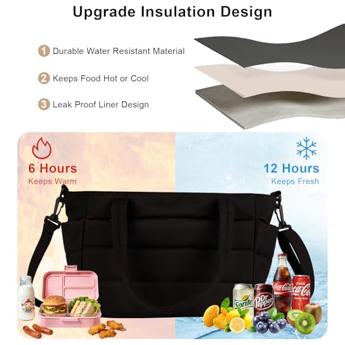 Lunch Bag Women Puffy Quilted Tote Bag Stylish Insulated Lunch Tote Bag with Large Capacity and Shoulder Strap Portable Lunch Cooler Bags for Women, Work Office, Travel, Picnic, Meal Prep - color: Black