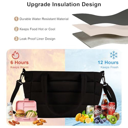 Lunch Bag Women Puffy Quilted Tote Bag Stylish Insulated Lunch Tote Bag with Large Capacity and Shoulder Strap Portable Lunch Cooler Bags for Women, Work Office, Travel, Picnic, Meal Prep - color: Black