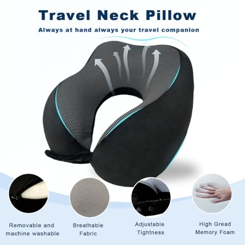 Memory Foam Travel Neck Pillow for Airplane – 360° Ergonomic Neck Support Pillow with Adjustable Fit, Breathable Washable Cover, Travel Pillow Set with Eye Mask, Earplugs & Storage Bag
