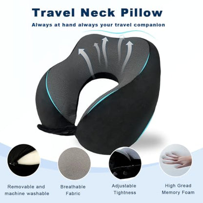 Memory Foam Travel Neck Pillow for Airplane – 360° Ergonomic Neck Support Pillow with Adjustable Fit, Breathable Washable Cover, Travel Pillow Set with Eye Mask, Earplugs & Storage Bag