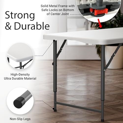 10 Pack of 4 Feet Foldable Table with Built in Handle & Steel Legs | Heavy Duty Portable | Perfect for Party, Dining, Wedding, Events, Picnic Indoor, Outdoor, Camping, Utility, Temporary - color: White, size: 10 PACK - 4 FT