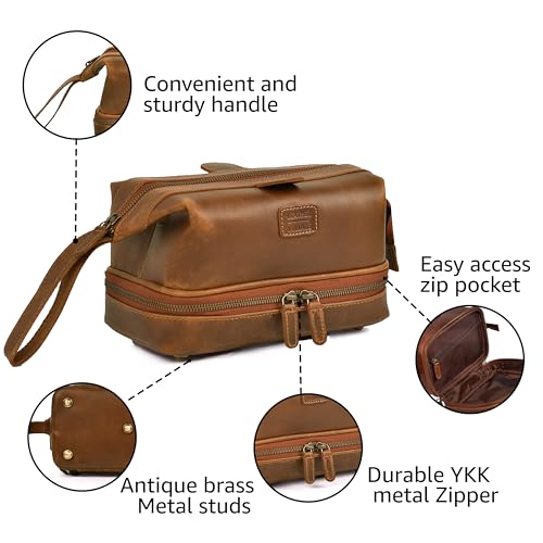 LEATHER VILLAGE Genuine Leather Dopp Kit – Large Travel Toiletry Bag with Waterproof Lining, Dual-Zip Design for Men & Women, Organizer for Shaving, Makeup & Essentials - Tan - color: Sun Tan