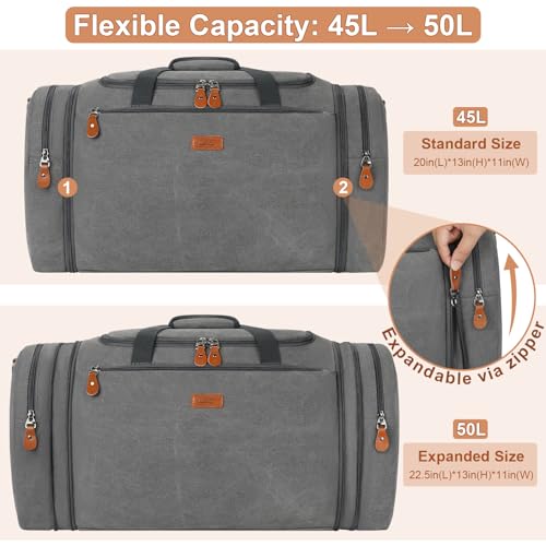Canvas Mens Duffle Bag for Travel - Expandable 50L Weekender Bags with Toiletry Bag, Overnight Bag Travel Duffel Carry On Luggage with Removable Shoulder Strap, Durable & Water-Resistant - color: 3-Grey