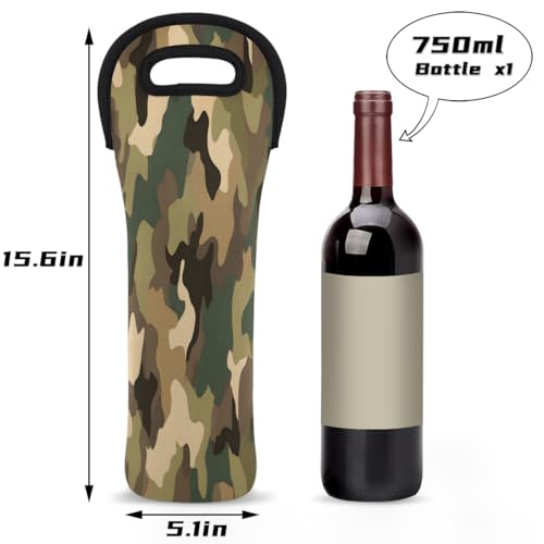 Camo Wine Tote Insulated Bag for Travel Single Bottle Wine Cooler Bags Neoprene Wine Bottle Holder Covers with Secure Handle Wine Carrier