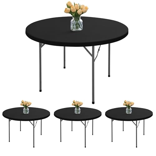 Round Fitted Tablecloth with Elastic - 4 Pack Round Table Covers 48 Inch, Black Non-Slip Circle Table Protector for Outdoor Picnic, Indoor Dining, Party, Banquet - color: Black, size: 48 Round, 4 Pack