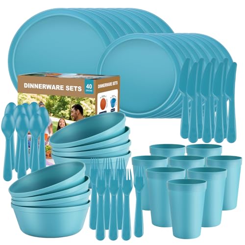 40 Piece Plastic Dinnerware Set for 8 with Cutlery, Unbreakable Plates and Bowls Set, Dishwasher & Microwave Safe Reusable Dish Set for Camping, RV, Outdoor Kitchen, Apartment Dining, Teal - color: Blue