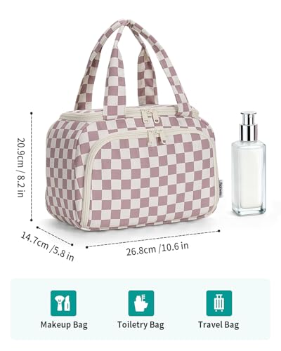 Narwey Checkered Travel Toiletry Bag for Women Large Makeup Bag, Wide-open Cosmetic Make Up Organizer with Handle, Travel Bag for Toiletries, Essentials, Accessories (Dusty Pink Checkerboard) - color: Dusty Pink Checkerboard