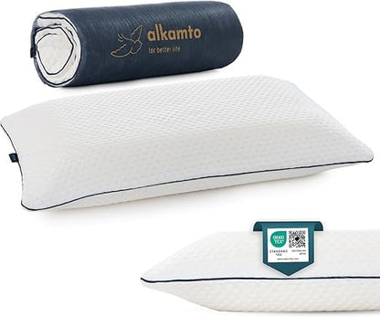 alkamto Memory Foam Pillow 27.5X 18 in”– Ergonomic Neck Support Pillow – Oeko-Tex Certified – Breathable & Thermoregulating Cover – Ideal for Back & Side Sleepers (27.5" (L) × 18" (W) × 4.7" (H)) - size: Queen