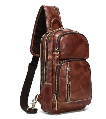 LANNSYNE Full Grain Leather Sling Bag For Men Crossbody Chest Daypack fits 10.5" iPad - color: Coffee2 for 10.5" Ipad