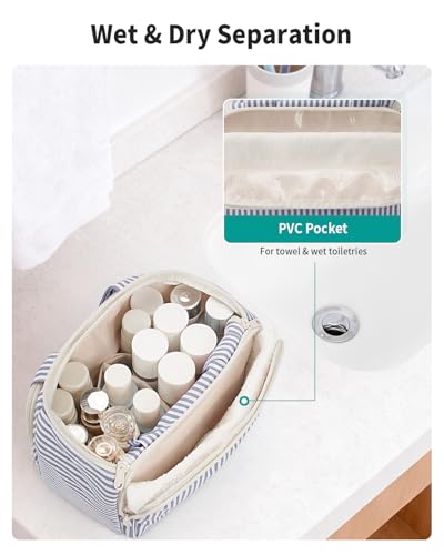 Narwey Striped Travel Toiletry Bag for Women Large Makeup Bag, Wide-open Cosmetic Make Up Organizer with Handle, Travel Bag for Toiletries, Essentials, Accessories (Greyish Blue Stripe) - color: Y-Greyish Blue Stripe