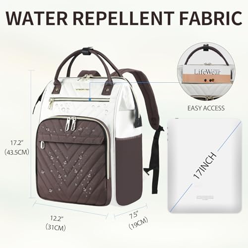VANKEAN 17 Inch Laptop Backpack for Women Fashion Computer Work Bag, Large Capacity Waterproof Backpack, College Daypack Business Travel, Beige-Coffee - color: Beige/Coffee, size: 17.3 Inch