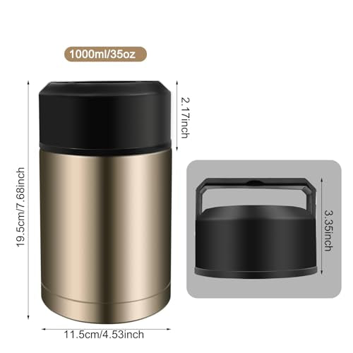 35oz Soup Thermos, Stainless Steel Thermos for Hot Food, Wide Mouth Food Thermos Jar, Insulated Lunch Container Leak Proof Vacuum Thermal Flask(gold) - color: gold-35oz