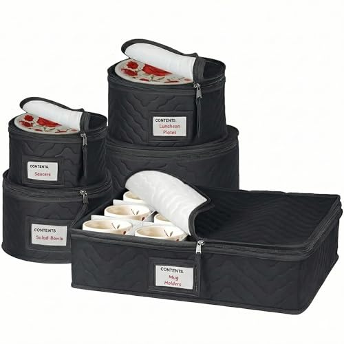 China Storage Containers 5-Piece Set Moving Boxes for Dinnerware, Glasses, Plates, Mugs and Saucers Sturdy Quilted Microfiber Dish Organizer with Dividers for Seasonal Storage - Holds Set of 12, Black - color: Black