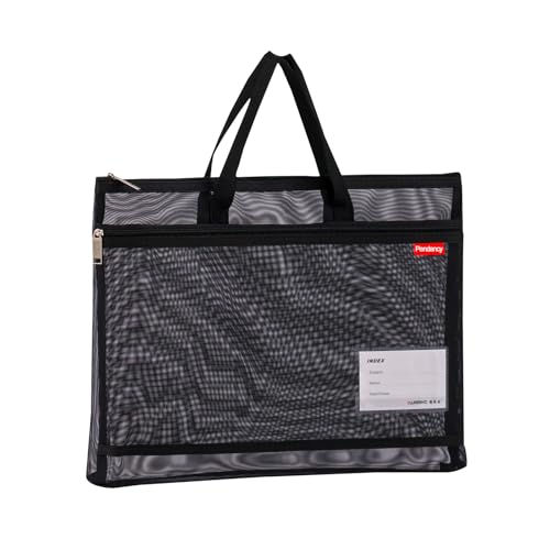 Pendancy Mesh Zipper Pouch A4 Size, Large Double Pocket Lightweight Nylon Transparent File Bag with Handle, 11x13.8 in Foldable Document Storage for Puzzle Project/Cross Stitch/Travel/Office (Black) - color: Translucent Black, style: DIY Label Type A4 Siz