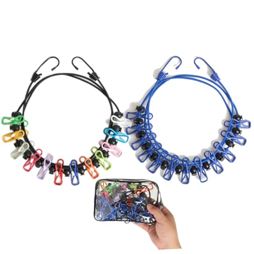 2 Pack Retractable Portable Clothesline, Windproof Clothes Line for Outdoor Camping, Travel, Laundry Drying with 12 Clips for Cruise, Hotel & Home-Sapphire Blue & Colorful - color: Sapphire Blue & Colorful