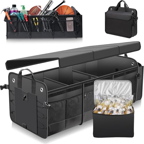 Car Trunk Organizer with Lid & Removable Leakproof Cooler Bag，Foldable Cover,Large Trunk Organizers,Multi-Compartment Collapsible Cargo Storage Organizer for SUV,Van,Truck,Sedan(3 Compartments,Black) - size: Three Compartment