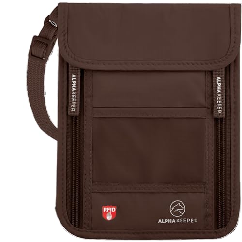 Alpha Keeper Neck Wallet for Travel Man and Women, RFID Passport Holder - color: Brown