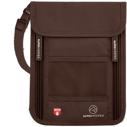 Alpha Keeper Neck Wallet for Travel Man and Women, RFID Passport Holder - color: Brown