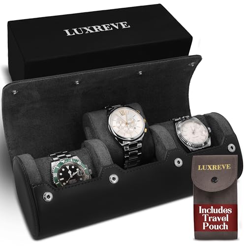 Luxury Father's Gift, Travel Watch Case 3 Slots, Bonus Pouch Included, Portable Organizer, PU Leather Watch Roll, Home Storage, Angled Easy-Removal Cushions, Scratch-Resistant Padded Velvet Lining - color: Black/Grey