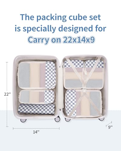 Narwey 6 Set Compression Packing Cubes for Travel Women Men, Travel Cubes for Carry On Suitcase, Durable Compression Luggage Organizer Bags - color: Z-Grayish Blue Checkerboard