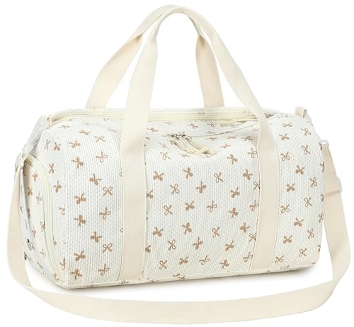Gym Bag Sports Duffle Bag with Wet Pocket Weekender Overnight Bags with Waterproof Shoe Pouch and Air Hole for Girls Kids Women Workout Travel Bags (Brown Bow - Beige) - color: Brown Bow - Beige