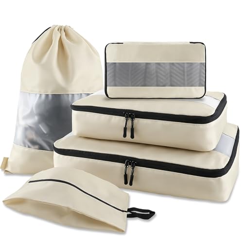 U+U 5 Set Packing Cubes for Travel Essentials Ultralight Luggage Packing Organizers with Laundry Bag and Shoe Bag for Vacation, Business Trip and Camping (Cream) - color: Cream