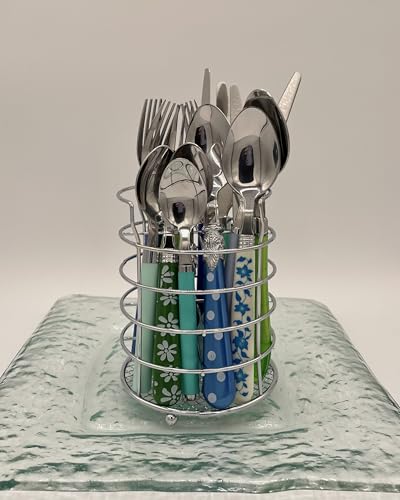 The Original Brink House Eclectic Blue Green Mix & Match Stainless Steel Cutlery Set / 16 pieces with Metal Stand/Lifestyle utensils set for home, first apartment, dorm, dinner parties - color: Eclectic Blue Green