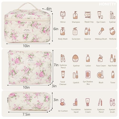honitty Makeup Bag,Quilted Cosmetic Bags,Large Floral Make Up Organize bag,Makeup Bag Set for Women,Flower Travel Toiletry Bag - color: Pink