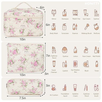 honitty Makeup Bag,Quilted Cosmetic Bags,Large Floral Make Up Organize bag,Makeup Bag Set for Women,Flower Travel Toiletry Bag - color: Pink