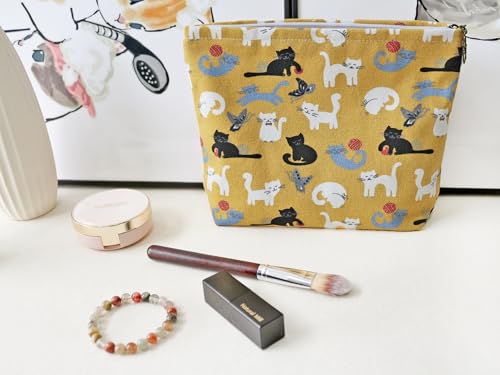 HAPPYHEIDI Canvas Pouch Travel Organizer, Brown Cats, Cotton Blend, Animal Print, Zipper Closure, 7.1x2.4x7 Inches - color: GR-Canvas-Brown Cats