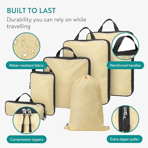 Navaris Compression Packing Cubes Set of 6 - Compressible Travel Bags for Packing Many Sizes - Lightweight Compression Travel Organizer Suitcase Carry On Luggage Backpacks - Beige