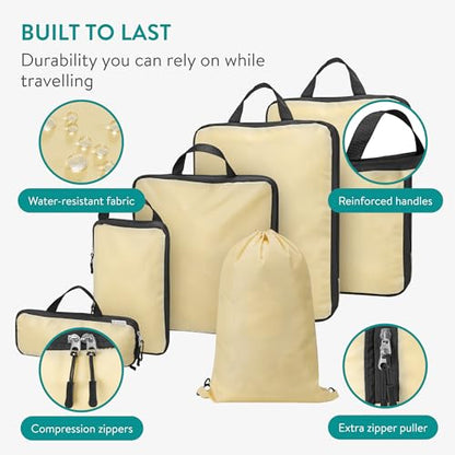 Navaris Compression Packing Cubes Set of 6 - Compressible Travel Bags for Packing Many Sizes - Lightweight Compression Travel Organizer Suitcase Carry On Luggage Backpacks - Beige