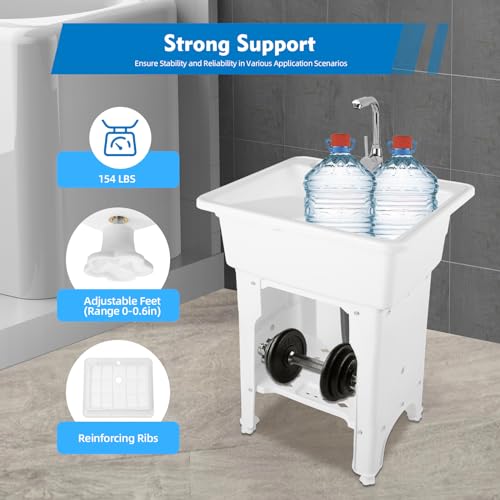 Freestanding Plastic Laundry Sink with Water Faucet, Indoor Outdoor Utility Sink with Washboard, Utility Sink Laundry Tub for Laundry Room/Garage/Garden (25.59x21.65x31.5 Inch) - color: White, 25.6 x 21.7 x 31.5in