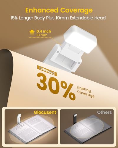 Glocusent Extendable Book Lights for Reading at Night, 5 Enhanced Brightness & 3 Colors with Sleep Aid & Timers, Clip on USB Rechargeable Reading Light for Books in Bed, Ideal Book Lovers Gifts - color: White