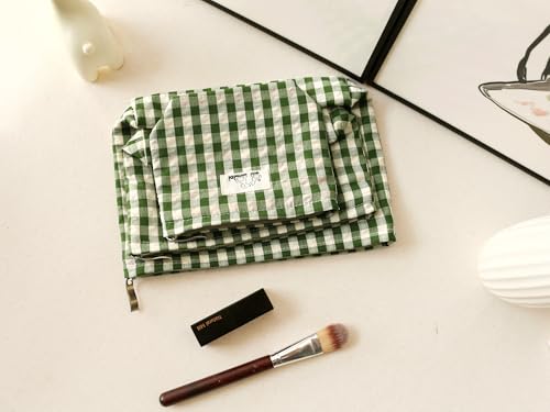 HAPPYHEIDI Large Cute Green Checker Makeup Bag with Compartment Cosmetic Travel Pouch, Nylon Fabric, Purse Organizer, Canvas Lined, Beige Plaid - color: 001 SX427 Green Gingham Canvas