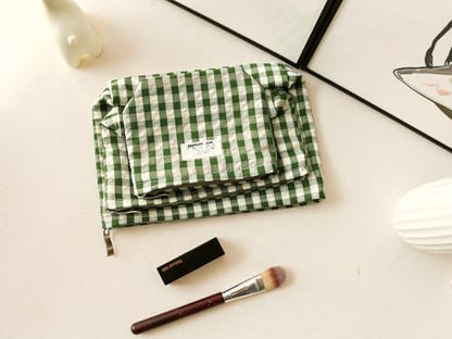 HAPPYHEIDI Large Cute Green Checker Makeup Bag with Compartment Cosmetic Travel Pouch, Nylon Fabric, Purse Organizer, Canvas Lined, Beige Plaid - color: 001 SX427 Green Gingham Canvas