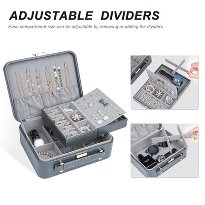 Travel Jewelry Case Large Jewelry Box Jewelry Travel Organizer Jewelry Case with Handle Removable Tray Best Gift for Women Girls (Grey) - color: Grey