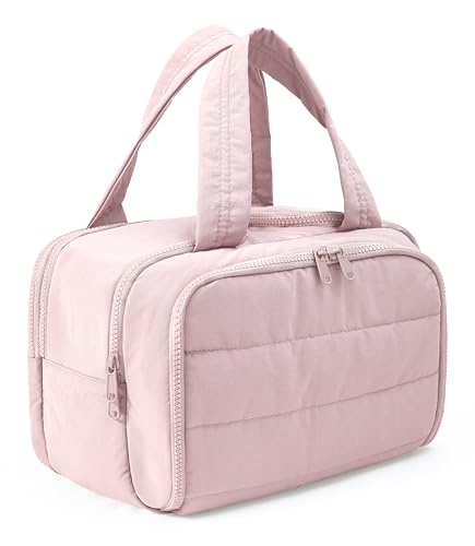 Travel Toiletry Bag for Women, Large Wide-open Puffy Cosmetic Makeup Bag with Wet-Dry Separation, Multi-Pocket Organizer with Carry Handle for Toiletries, Cosmetics, Essentials, Light Pink - color: Light Pink