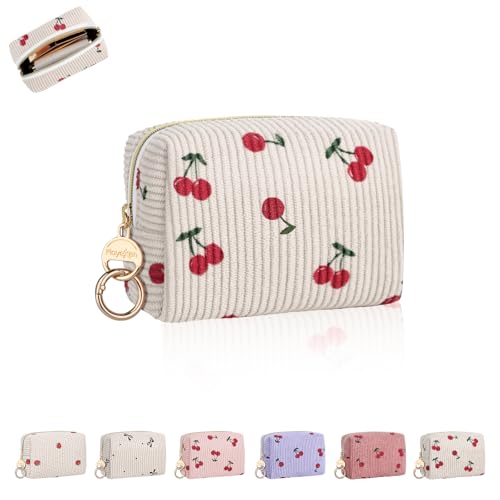 Mini Makeup Bag, Corduroy Small Cosmetic Bag for Purse with Ring Buckle, Cherry Travel Makeup Pouch for Lipsticks, Chapsticks, Coin, Earphone, Credit Card (Beige) - color: Cherry-Beige