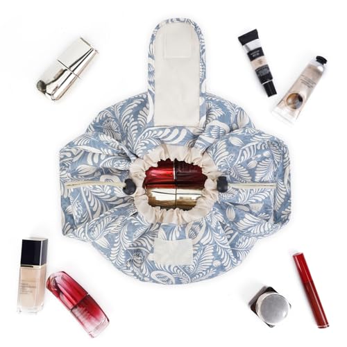 Narwey Barrel Drawstring Makeup Bag Large Cosmetic Bag Make up Bags Toiletry Organizer for Women (Blue Leaf) (Patent) - color: Y-Blue Leaf